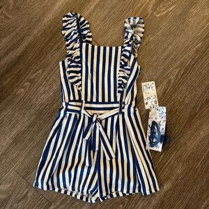 Girls Navy/White Striped Romper with Hair Clip Size 4